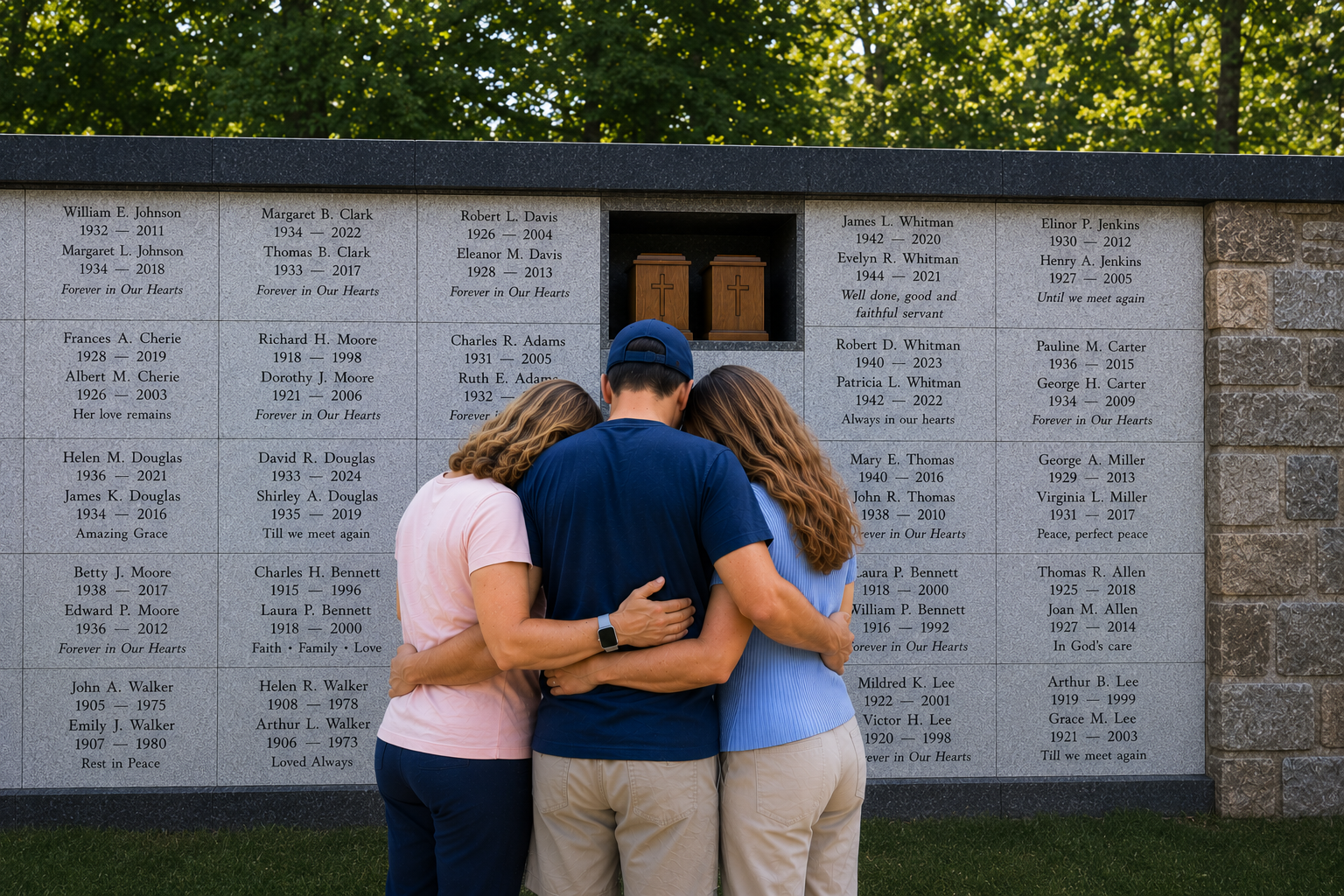 Walker Chapel Columbarium family visiting columbarium memorial niche Family visiting a loved one's memorial niche at Walker Chapel Historic Cemetery